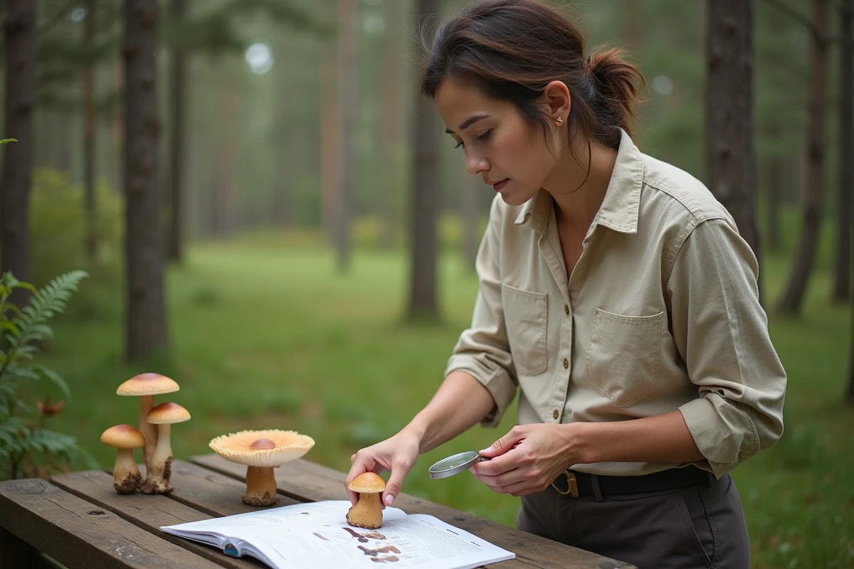 Femme mycologue comparant deux espèces de bolets similaires avec un guide mycologique en plein air