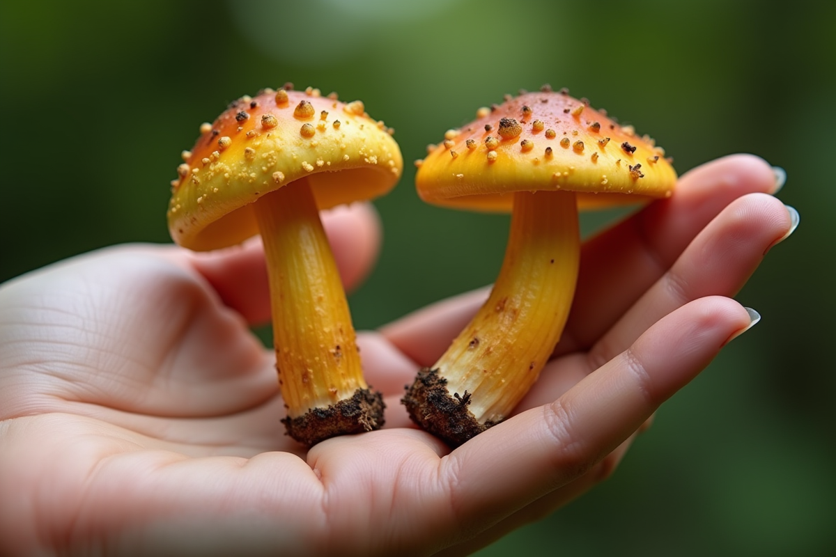 Main tenant une vraie et une fausse chanterelle côte à côte