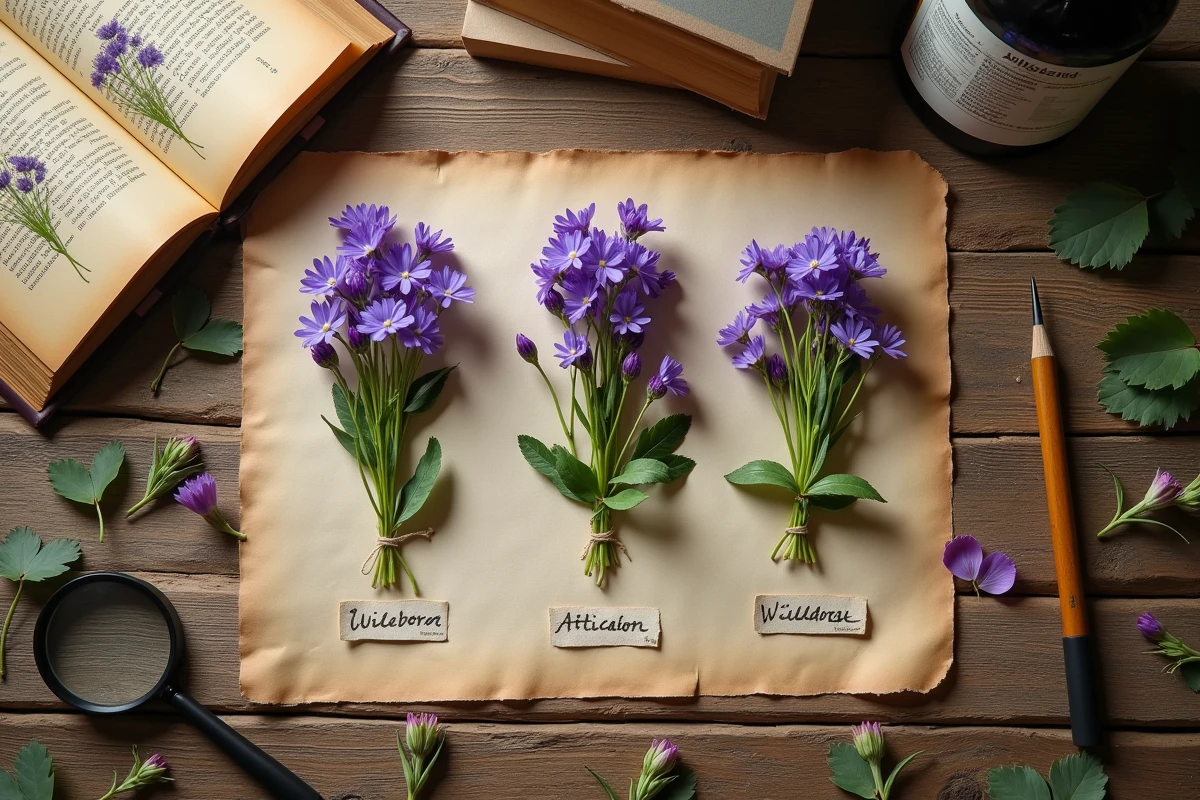 Comparaison de fleurs sauvages violettes comestibles et toxiques sur table en bois avec guide botanique et loupe