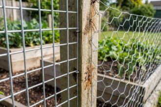 Comparaison en gros plan de deux types de grillage de jardin côte à côte, grillage soudé rigide et grillage souple hexagonal, fixés sur un poteau en bois dans un potager