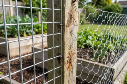 Comparaison en gros plan de deux types de grillage de jardin côte à côte, grillage soudé rigide et grillage souple hexagonal, fixés sur un poteau en bois dans un potager