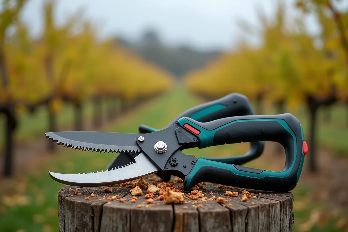 Comparaison côte à côte d'un sécateur manuel et d'un sécateur électrique posés sur un poteau de vigne en bois