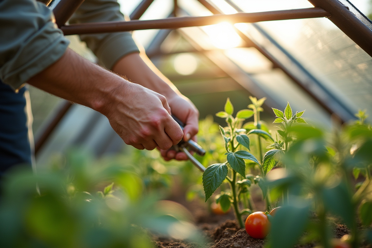 Personne construisant un abri moderne pour tomates avec outils en plein jour