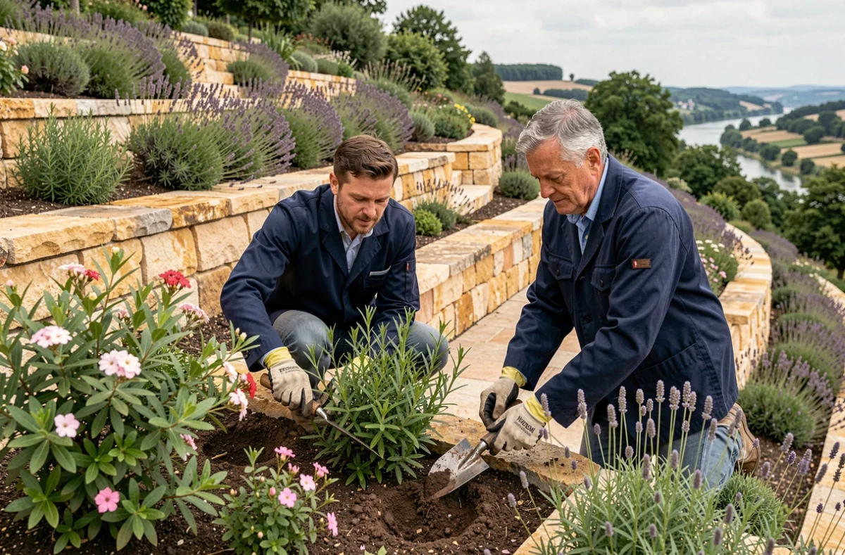 Deux paysagistes des Coteaux Hauts de Garonne plantant des arbustes sur un jardin en terrasses dominant la vallée de la Garonne