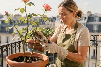 Femme taillant un rosier en pot sur un balcon urbain avec un sécateur, gants de jardinage beiges et tablier vert