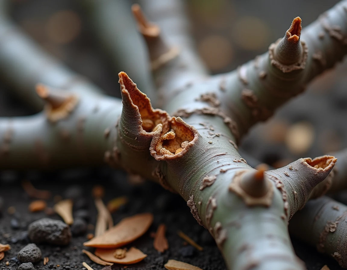 Gros plan sur des coupes nettes de taille sur les branches d'un jeune pêcher de vigne au moment de la plantation