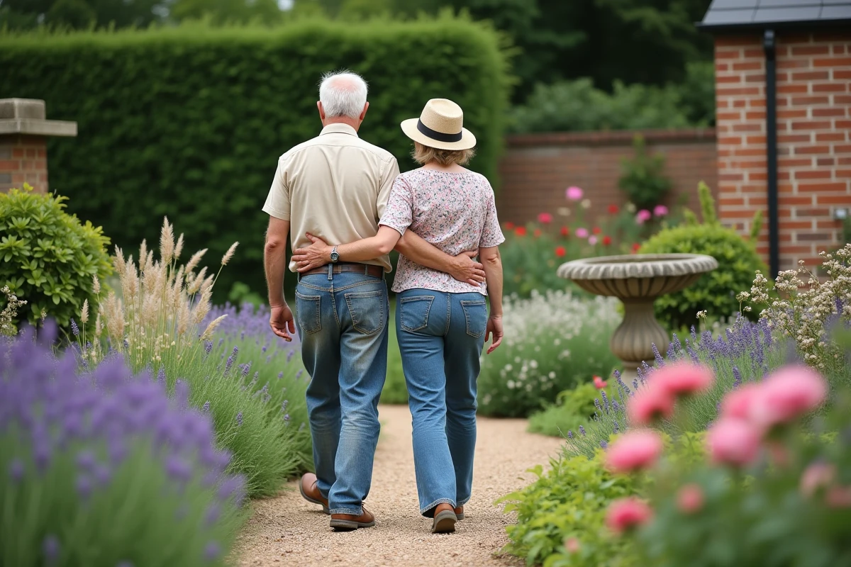 Couple de retraités se promenant dans un jardin fleuri mature avec des bordures de lavande, de rosiers et un bain d'oiseau en pierre moussu