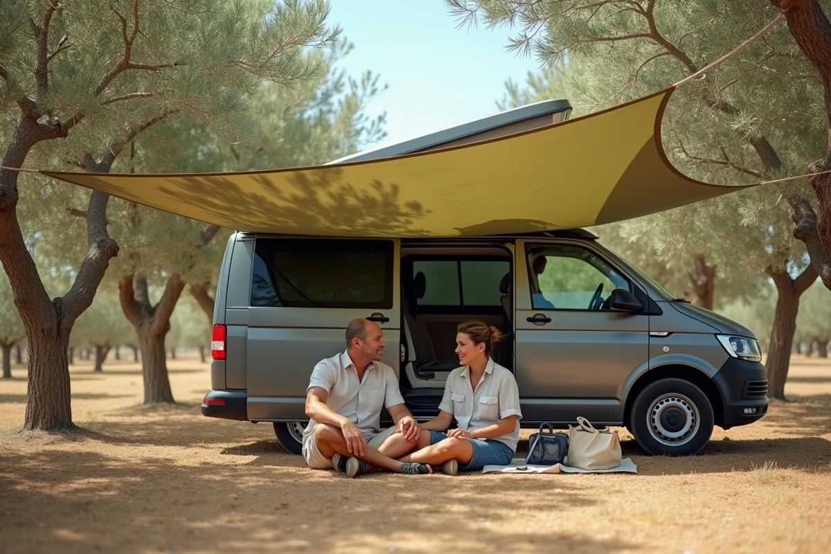 Couple installé sous un filet camouflage ombrage entre un van et des oliviers dans un paysage provençal ensoleillé