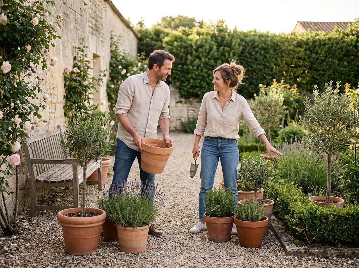 Couple aménageant une cour intérieure avec des plantes méditerranéennes dans un jardin urbain bordelais