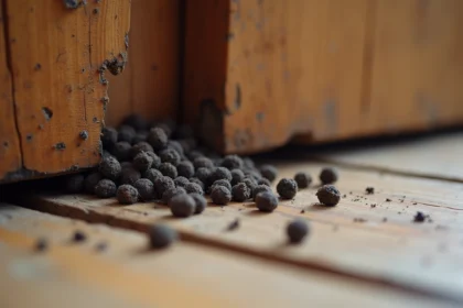 Crottes de rongeur sur plancher en bois usé près d'une plinthe rongée, indice de passage régulier d'un rat ou souris