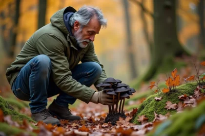 Cueilleur français examine champignons trompette de la mort en forêt automnale