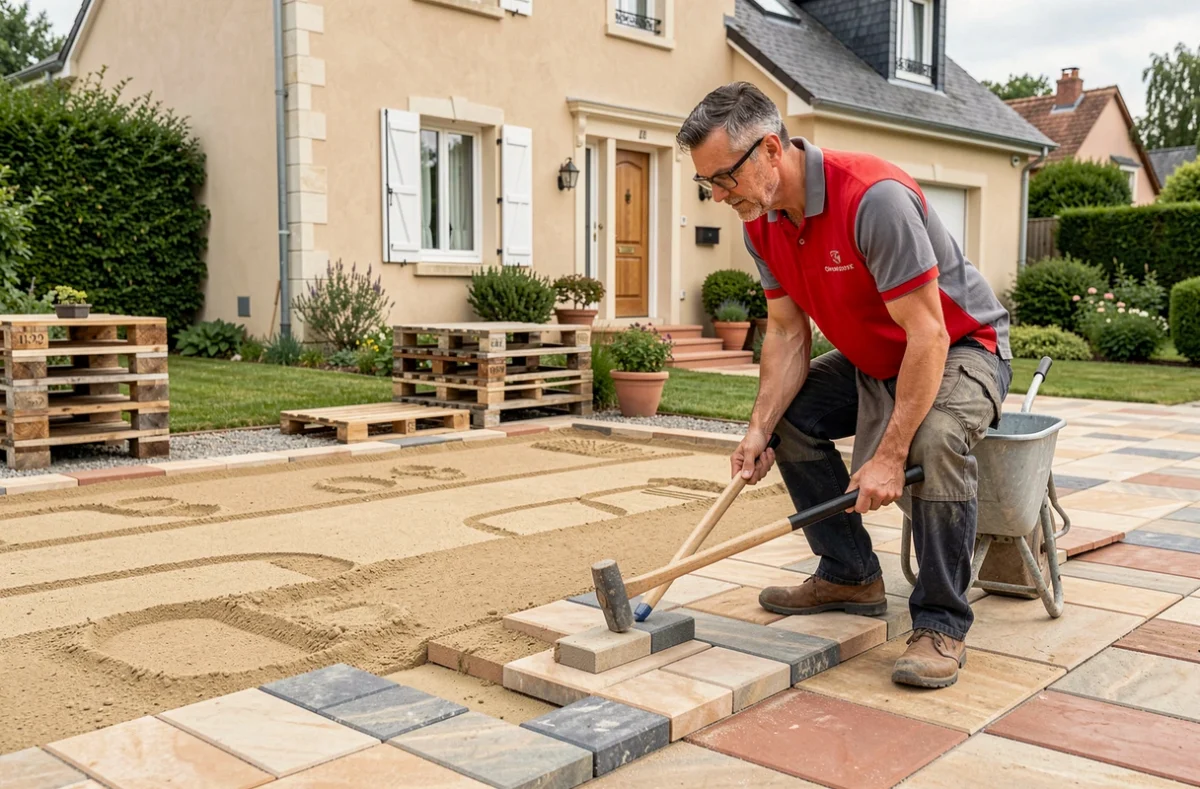 Équipe de Daniel Moquet posant des pavés décoratifs dans l'allée d'entrée d'un jardin résidentiel avec la maison visible en arrière-plan