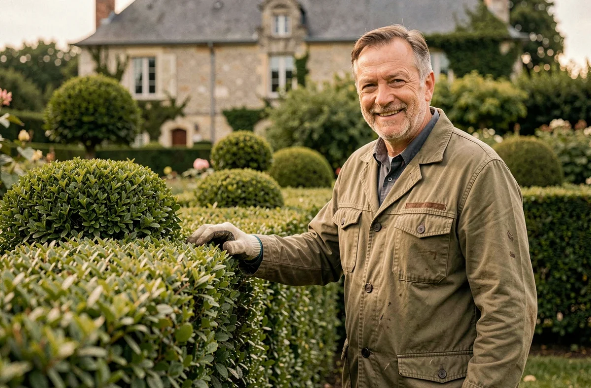 Daniel Morin, paysagiste proche de Nantes, pose fièrement devant une haie topiaire soigneusement taillée dans un jardin privé avec une maison en pierre en arrière-plan