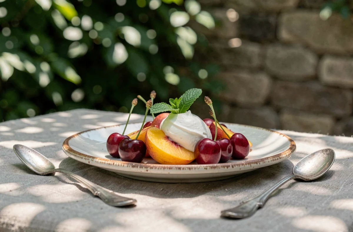 Dessert estival avec cerises fraîches, pêches tranchées et crème fouettée sur une assiette en céramique posée sur une table de jardin