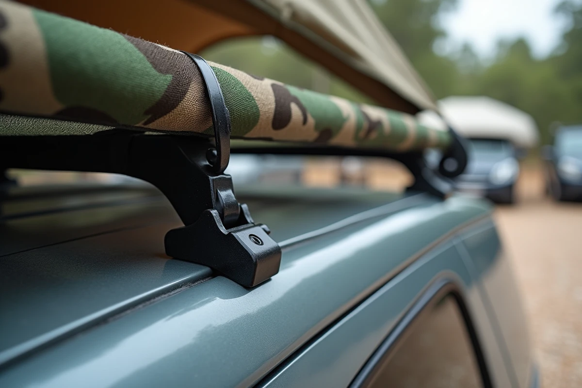 Détail du système d'accroche d'un filet camouflage sur le porte-bagages d'un van, texture maille polyéthylène résistante UV