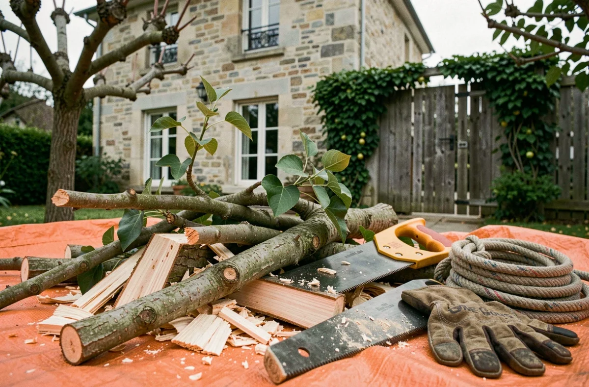 Détail des branches coupées et outils d'élagage posés sur une bâche dans un jardin de maison française