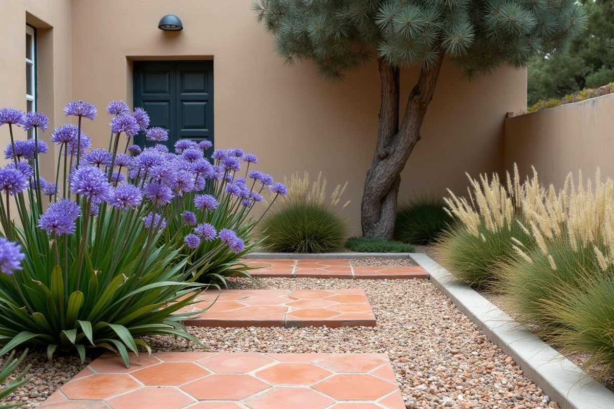 Détail de bordures en zellige céramique et gravier calcaire dans un parterre méditerranéen avec agapanthes violettes et olivier, matériaux tendance 2026