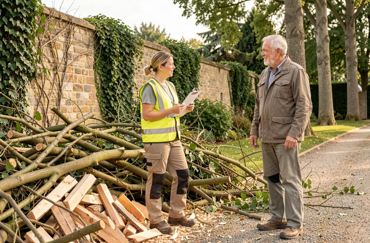 Élagueuse discutant du devis de travaux d'élagage avec un propriétaire dans son jardin à Poitiers