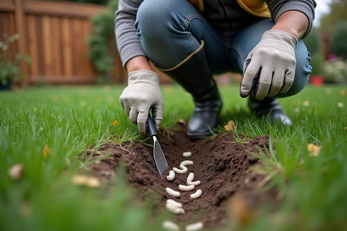 Agronome découvrant des larves de hanneton sous la pelouse lors d'un diagnostic de terrain en automne