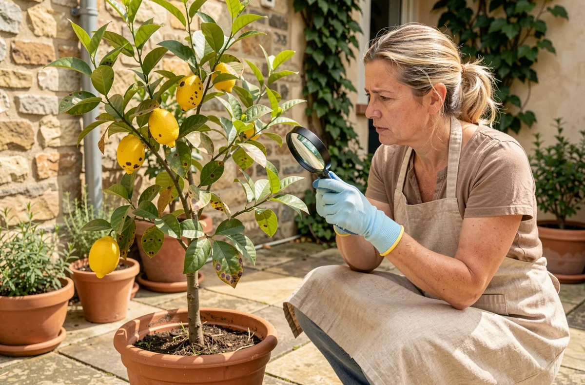 Femme jardinière examinant les tâches marron sur un citronnier en pot avec une loupe sur une terrasse