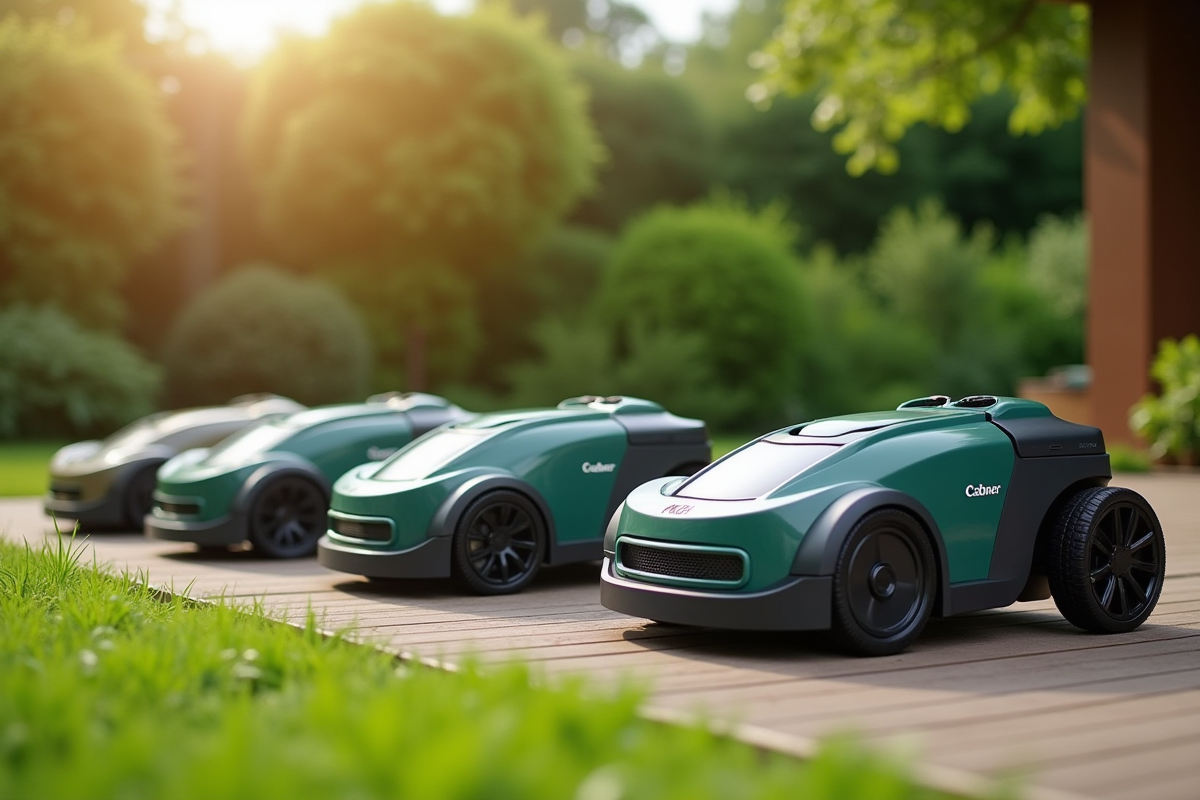 Plusieurs modèles de tondeuses robotisées sur terrasse en extérieur