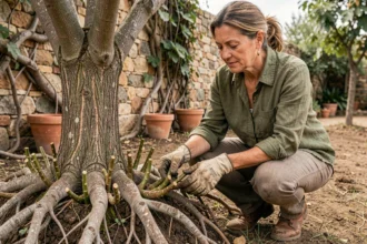 Jardinière examinant des drageons de figuier sauvage autour du tronc dans un jardin méditerranéen