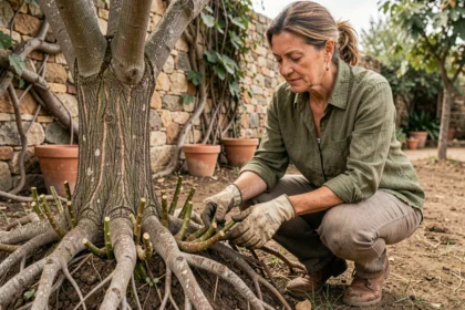 Jardinière examinant des drageons de figuier sauvage autour du tronc dans un jardin méditerranéen