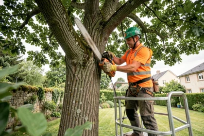Élagueur professionnel en tenue de sécurité travaillant sur un grand chêne dans un jardin résidentiel