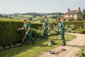 Équipe professionnelle d'entretien des espaces verts au travail dans un jardin soigné en Haute-Garonne
