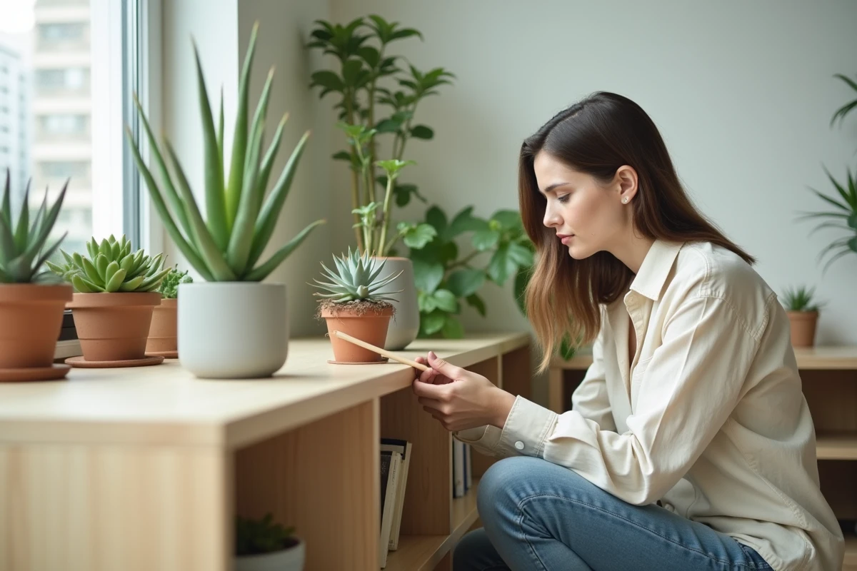 Jeune femme inspectant le sol d'un aloe vera dans un appartement minimaliste, vérification de l'humidité avec un bâton en bois