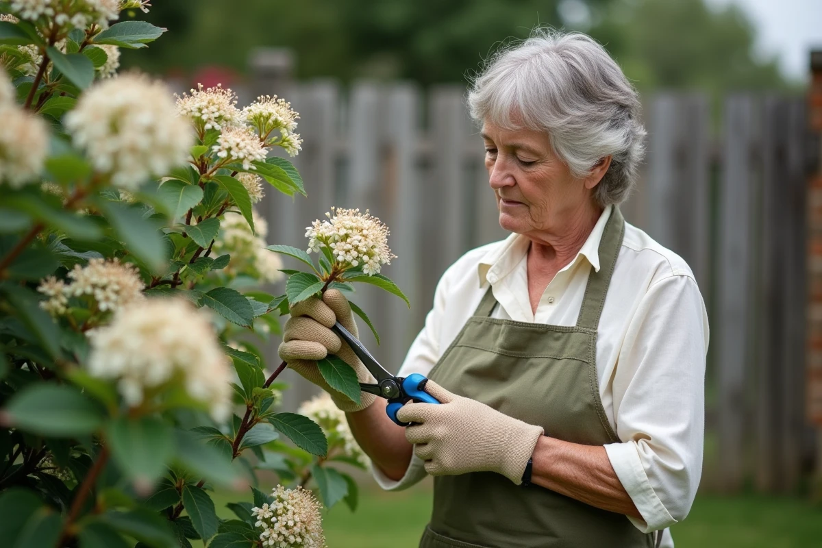 Femme jardinière en train de tailler un arbuste à fleurs blanches dans un jardin au printemps