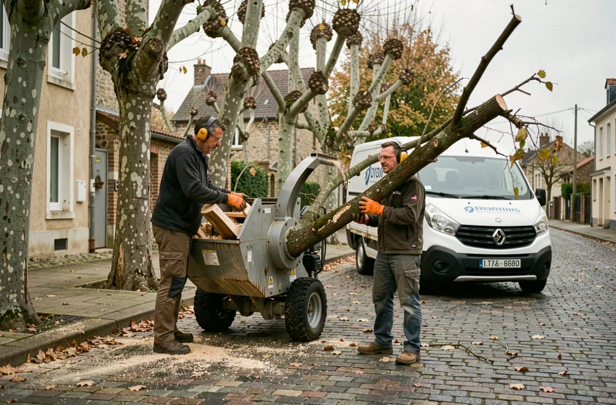 Équipe d'élagueurs utilisant un broyeur de branches sur une rue résidentielle à Poitiers lors d'une opération d'élagage
