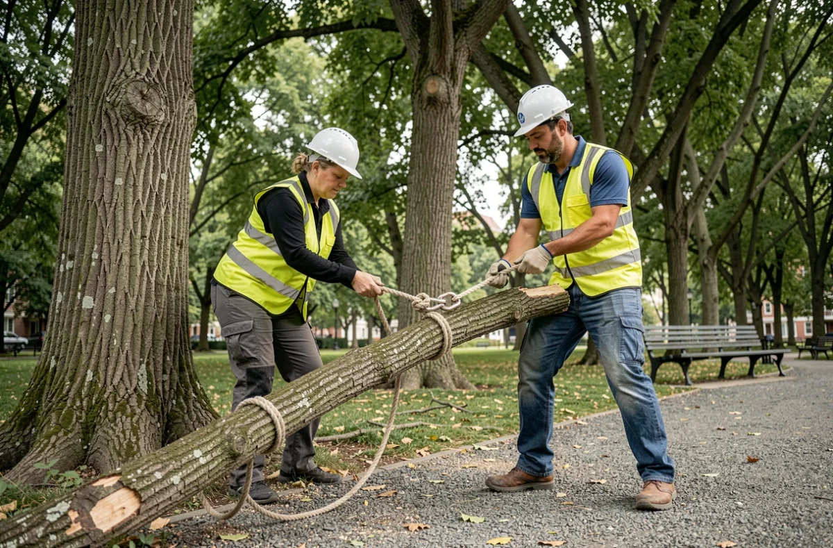 Équipe d'élagueurs professionnels coordonnant la descente d'une branche coupée dans un parc urbain