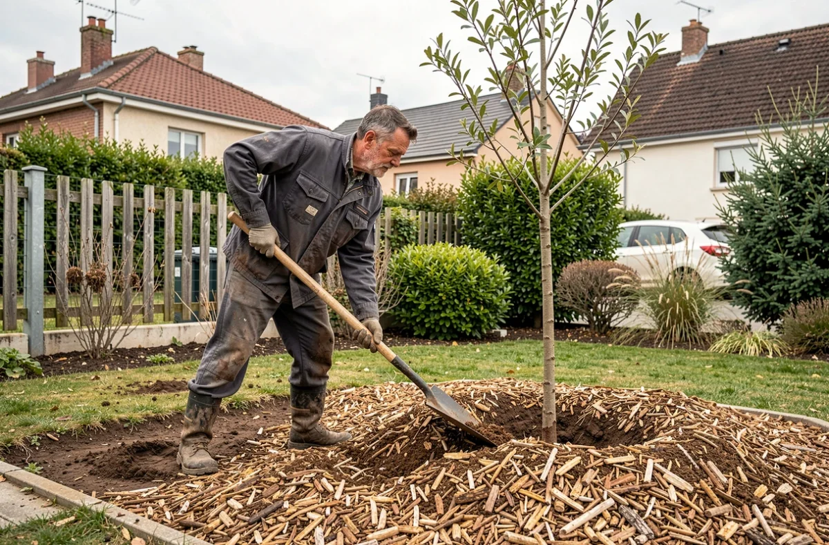 Jardinier d'Espace Jardin 93 à Bondy étalant du paillage de copeaux de bois autour d'un arbre ornemental fraîchement planté dans un jardin résidentiel