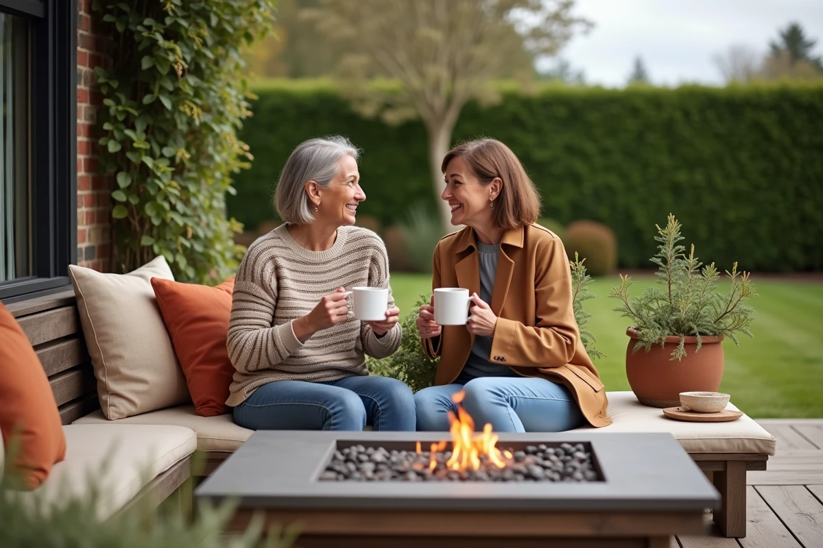 Espace de vie extérieur convivial sur terrasse en bois avec foyer et plantes méditerranéennes pour famille