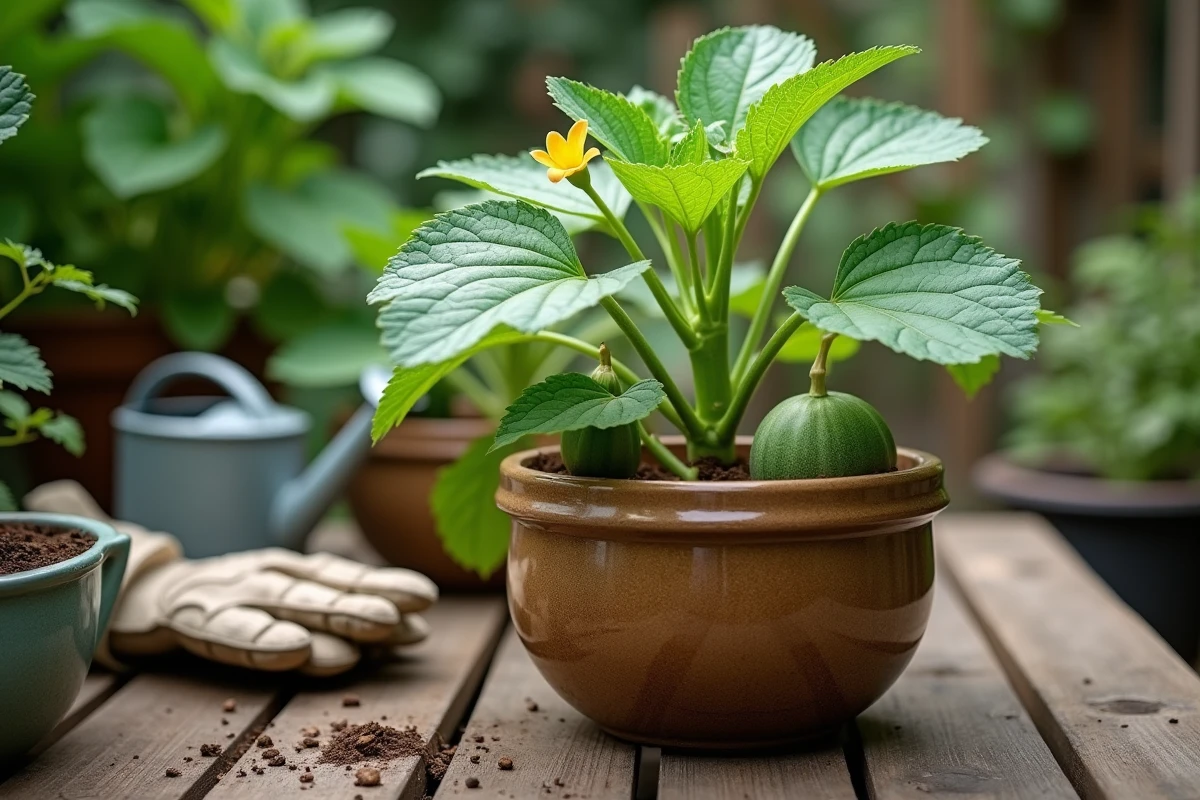 Gros plan sur un plant de melon en pot avec vrilles, feuilles et début de fructification
