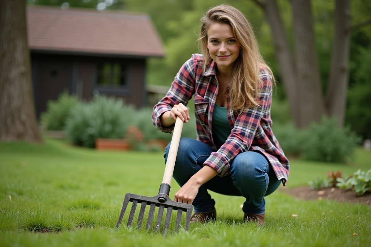 Jeune femme utilisant un râteau pour aérer la pelouse dans un jardin rural