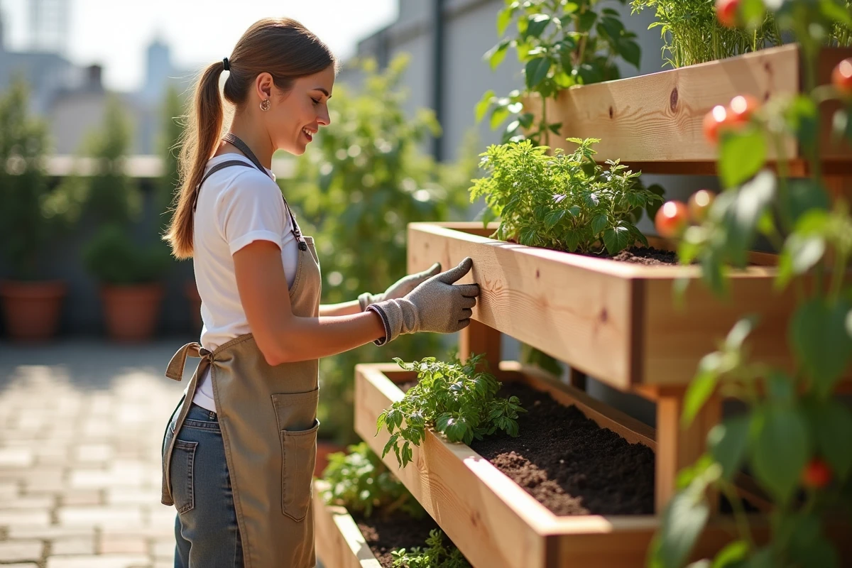 Femme ajoutant un module supplémentaire à une jardinière bois évolutive en bois sur une terrasse urbaine avec légumes