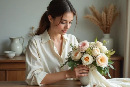 Jeune femme arrangeant un bouquet de fleurs dans la cuisine