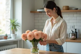 Femme en intérieur arrangeant un bouquet de lisianthus