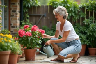 Femme arrosant une bougainvilee en pot dans le jardin