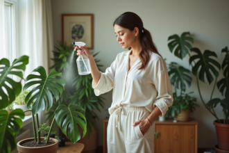 Femme en blouse blanche arrosant une plante verte dans un salon