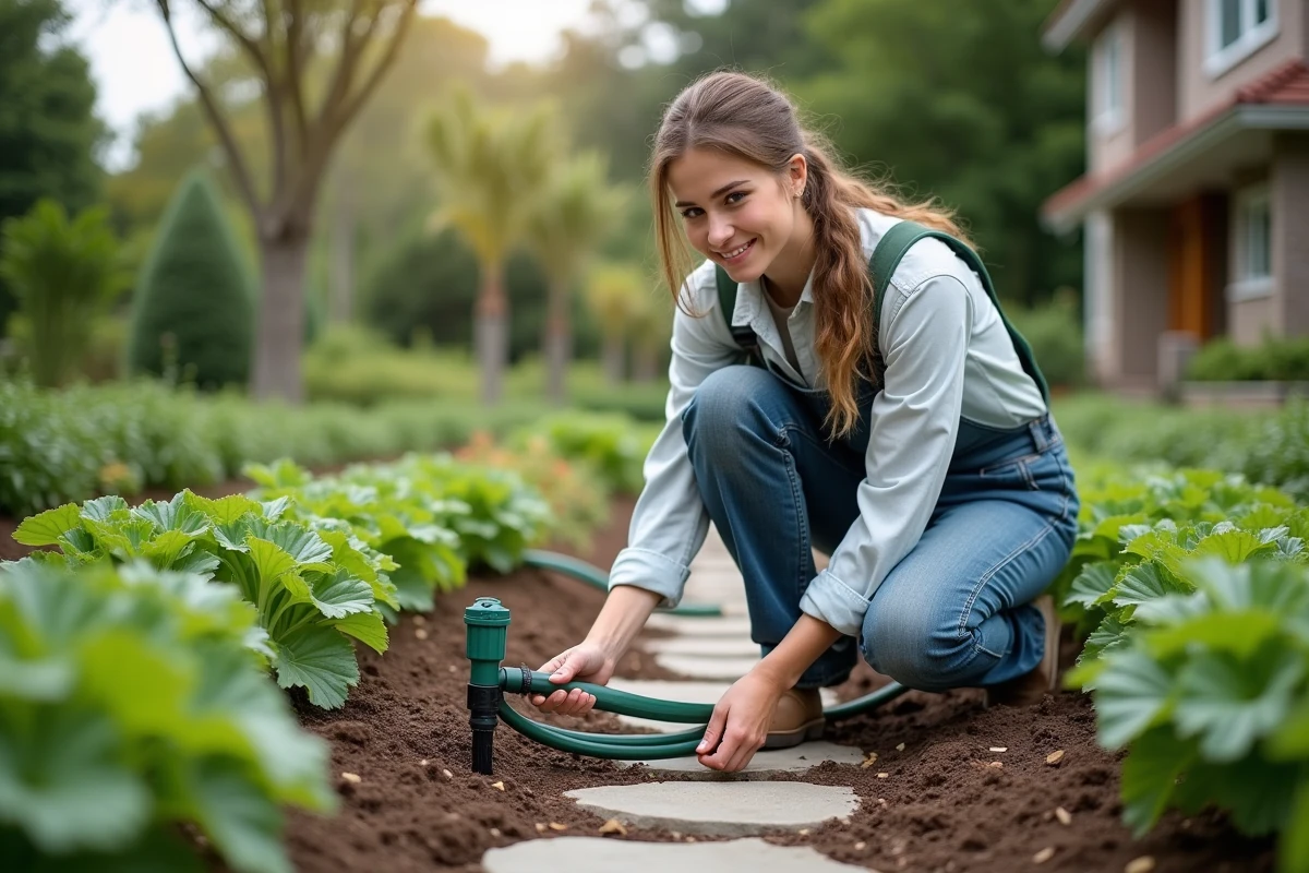 Jeune femme installant un tuyau d