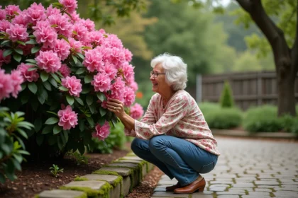 Femme âgée près d'une azalée en fleurs dans un jardin