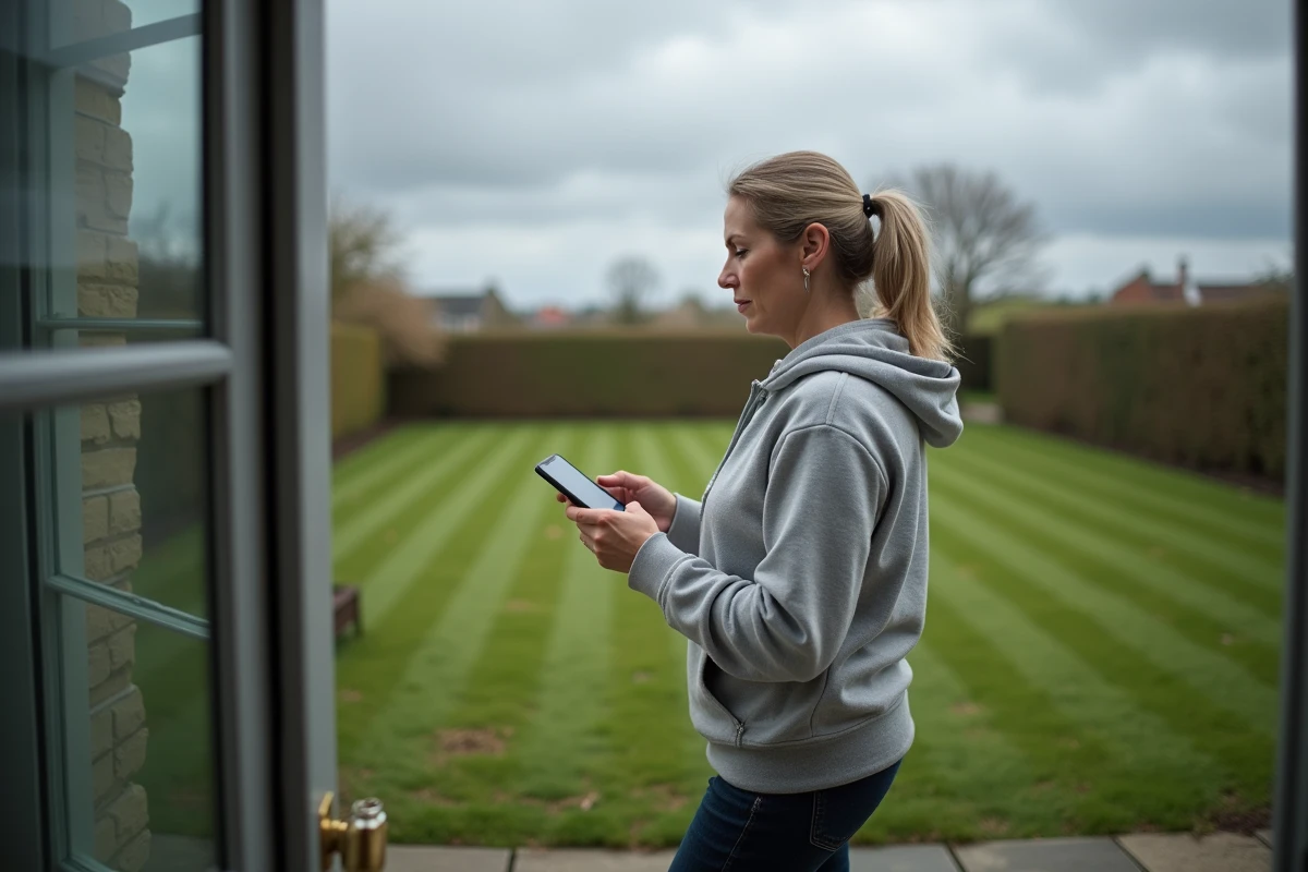 Femme consultant la météo sur son téléphone depuis sa terrasse avant d'appliquer un désherbant sélectif sur sa pelouse