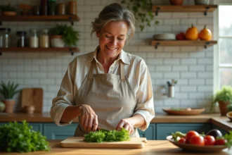Femme en tablier coupant du dill frais dans la cuisine