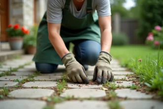 Femme arrachant des mauvaises herbes entre les pavés autobloquants d'une allée de jardin