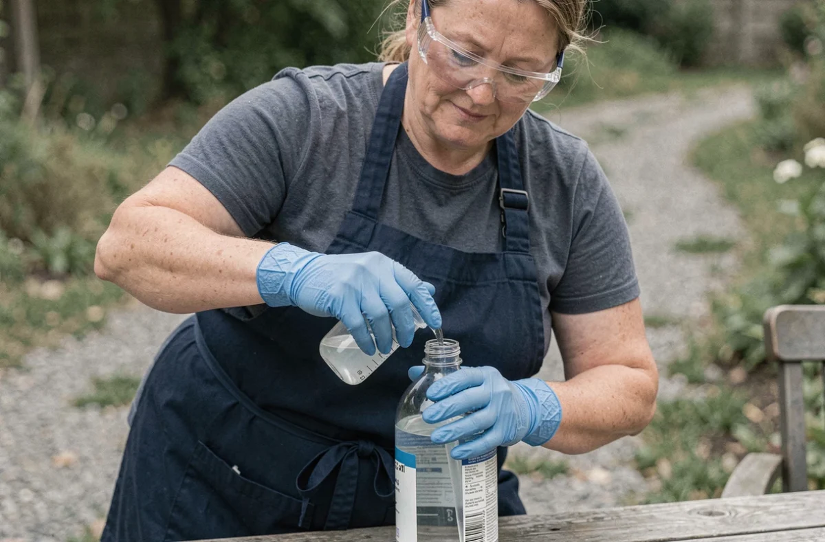 Femme versant le dosage précis de glyphosate dans un pulvérisateur d'un litre avec équipements de protection individuelle dans le jardin