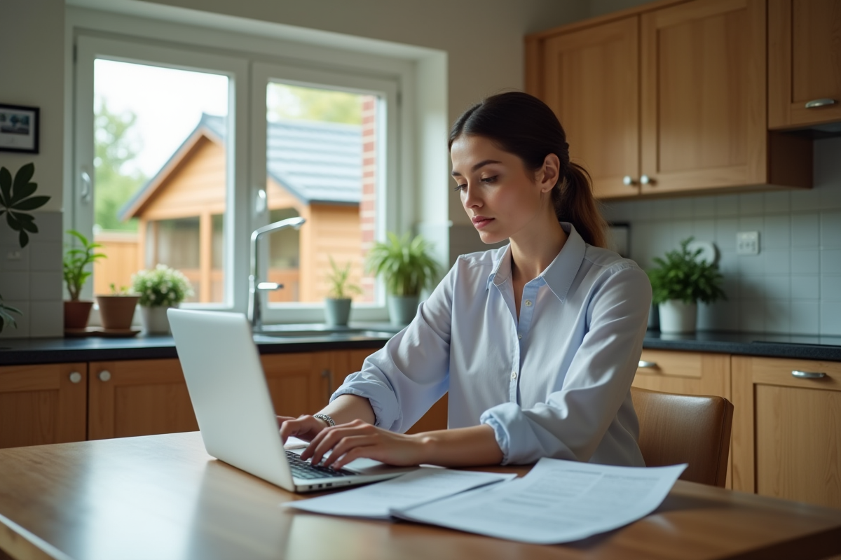 Femme étudiant des documents fiscaux dans la cuisine
