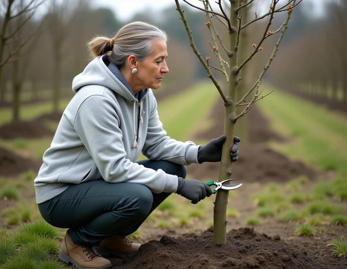 Femme évaluant la charpente d'un jeune pêcher de vigne avant sa première taille dans un verger résidentiel au printemps
